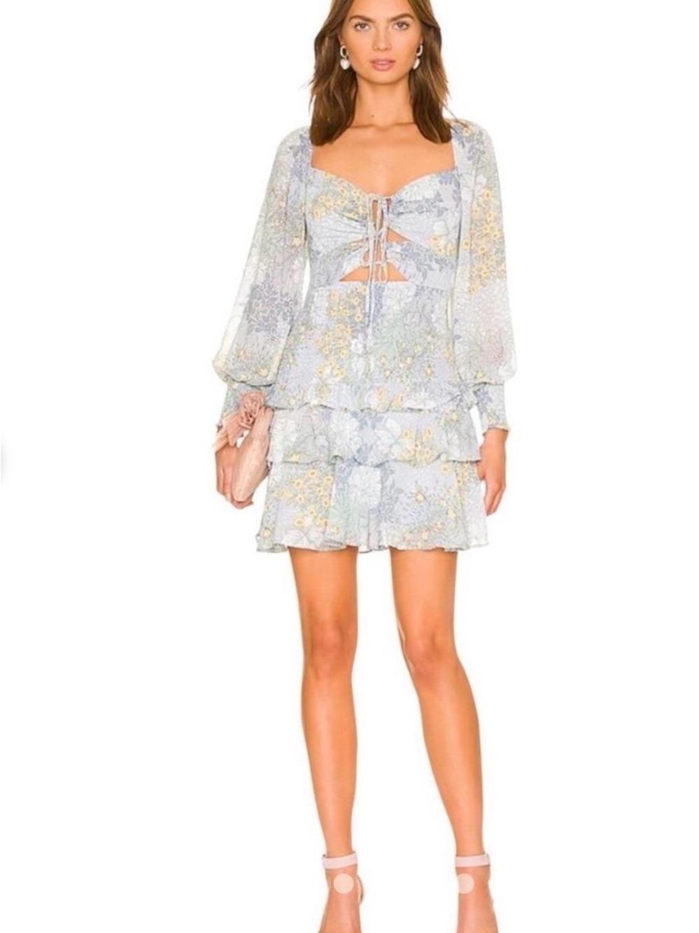 Astr Pastel Floral Lace-Up Tiered Mini Dress - Light Blue & Yellow